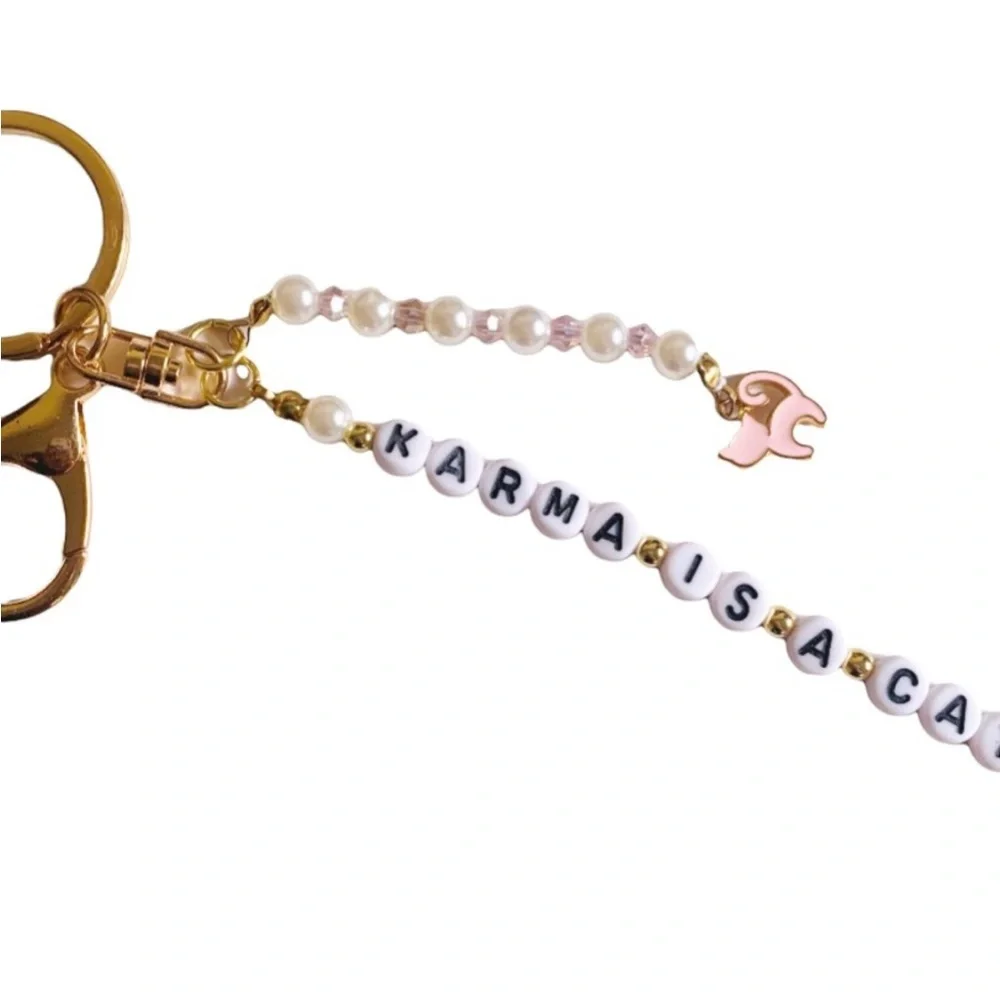 Karma Is A Cat Keychain Pearls and Pink Crystals on A Gold Tone Keyring Pink Cat